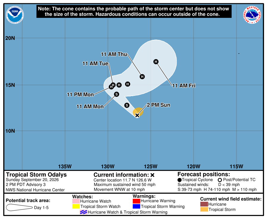 Tropical Storm Odalys forecast cone