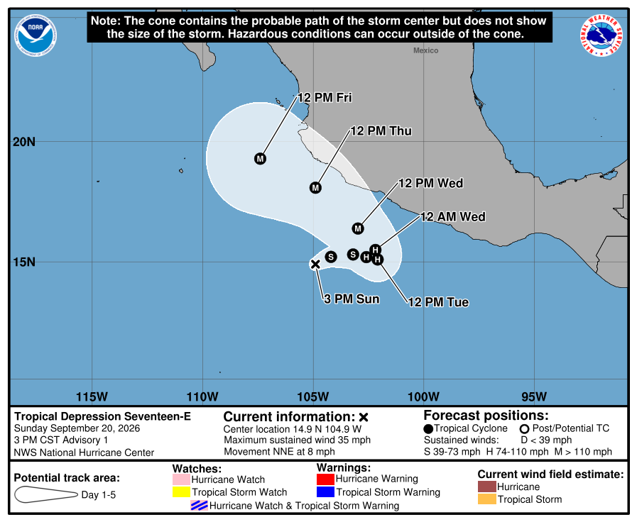 Tropical Depression Seventeen-E forecast cone