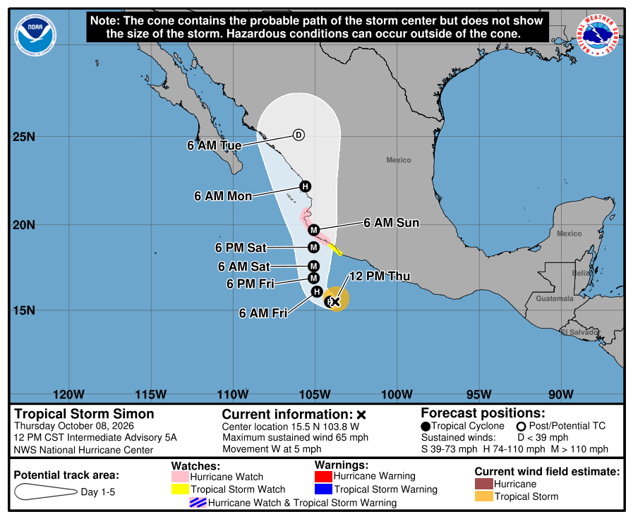 Tropical Storm Simon forecast cone