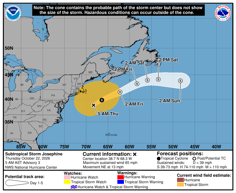 Subtropical Storm Josephine forecast cone