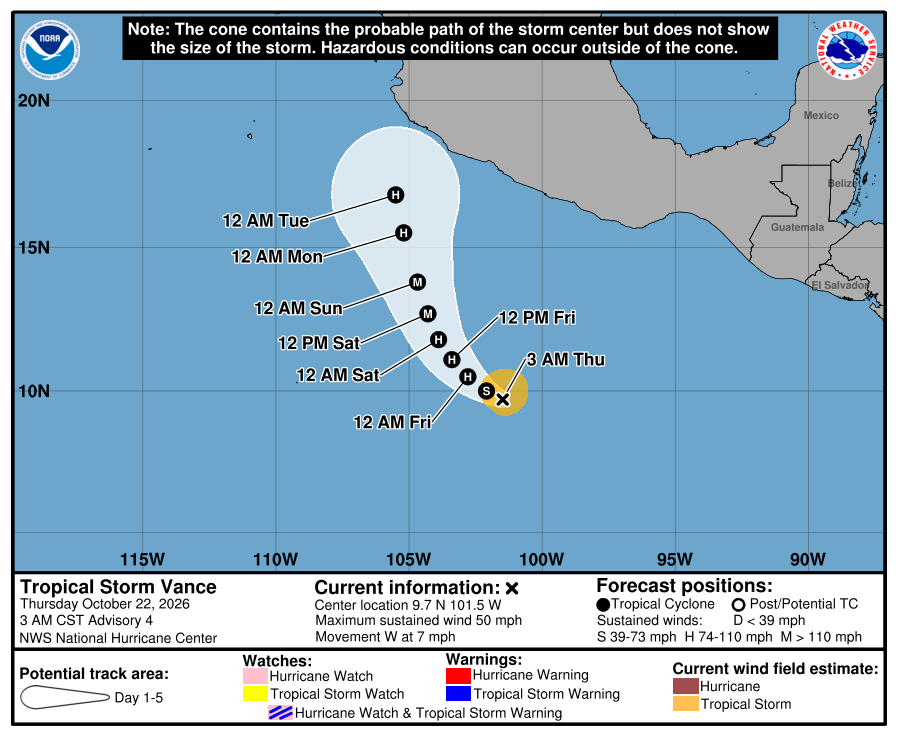 Tropical Storm Vance forecast cone