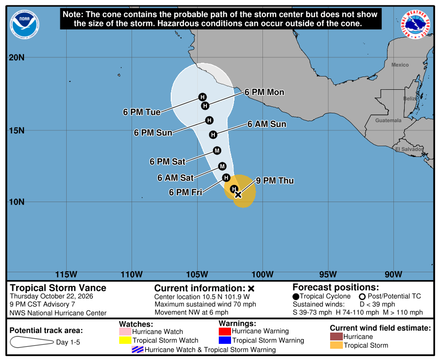 Tropical Storm Vance forecast cone