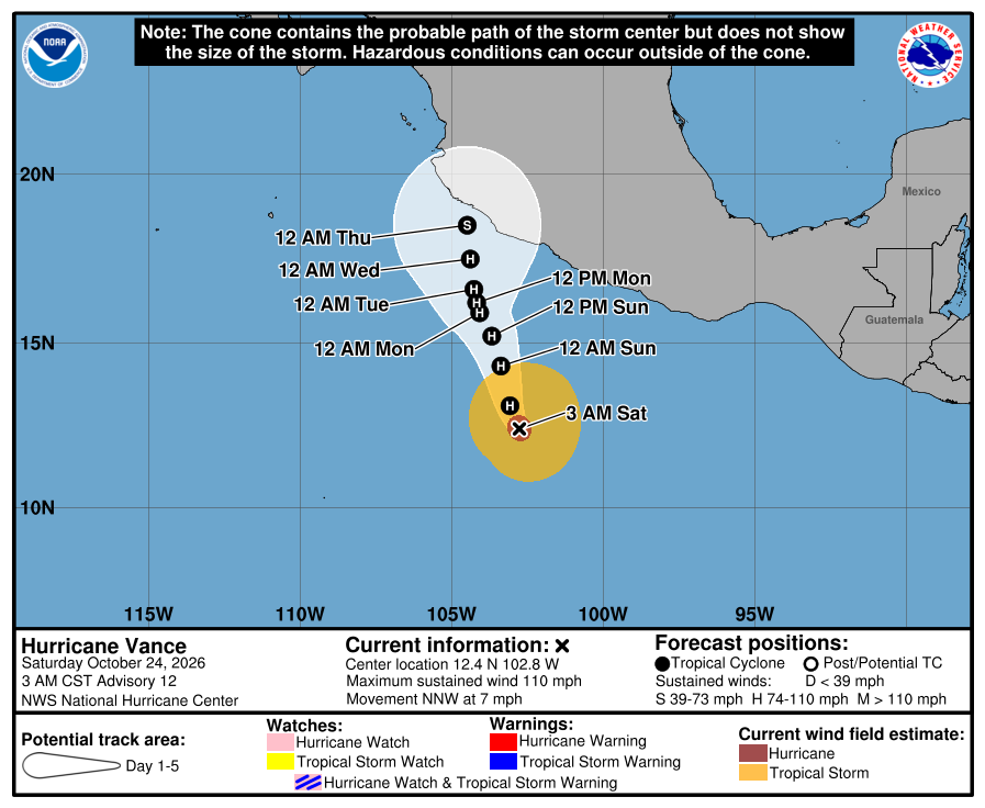 Tropical Storm Vance forecast cone