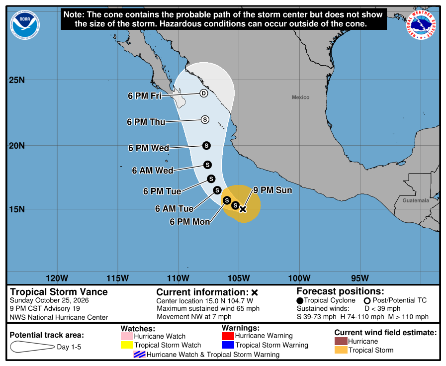 Tropical Storm Vance forecast cone