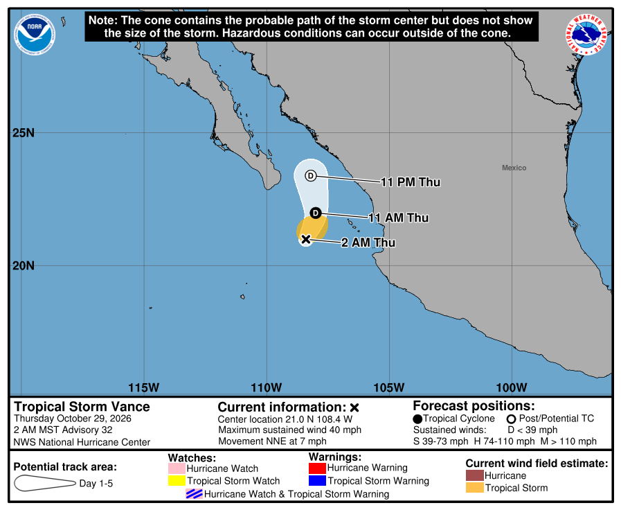 Tropical Storm Vance forecast cone