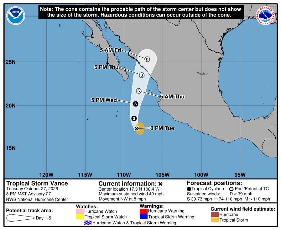 Tropical Storm Vance forecast cone